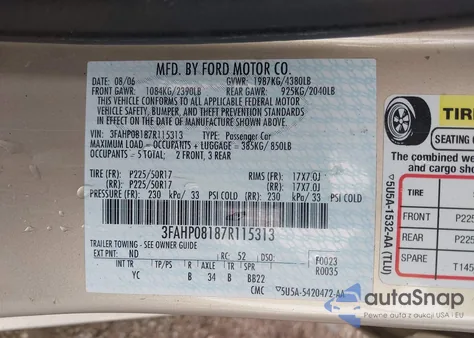 2007 Ford Fusion Sel from USA, damaged, VIN 3FAHP08187R115313
